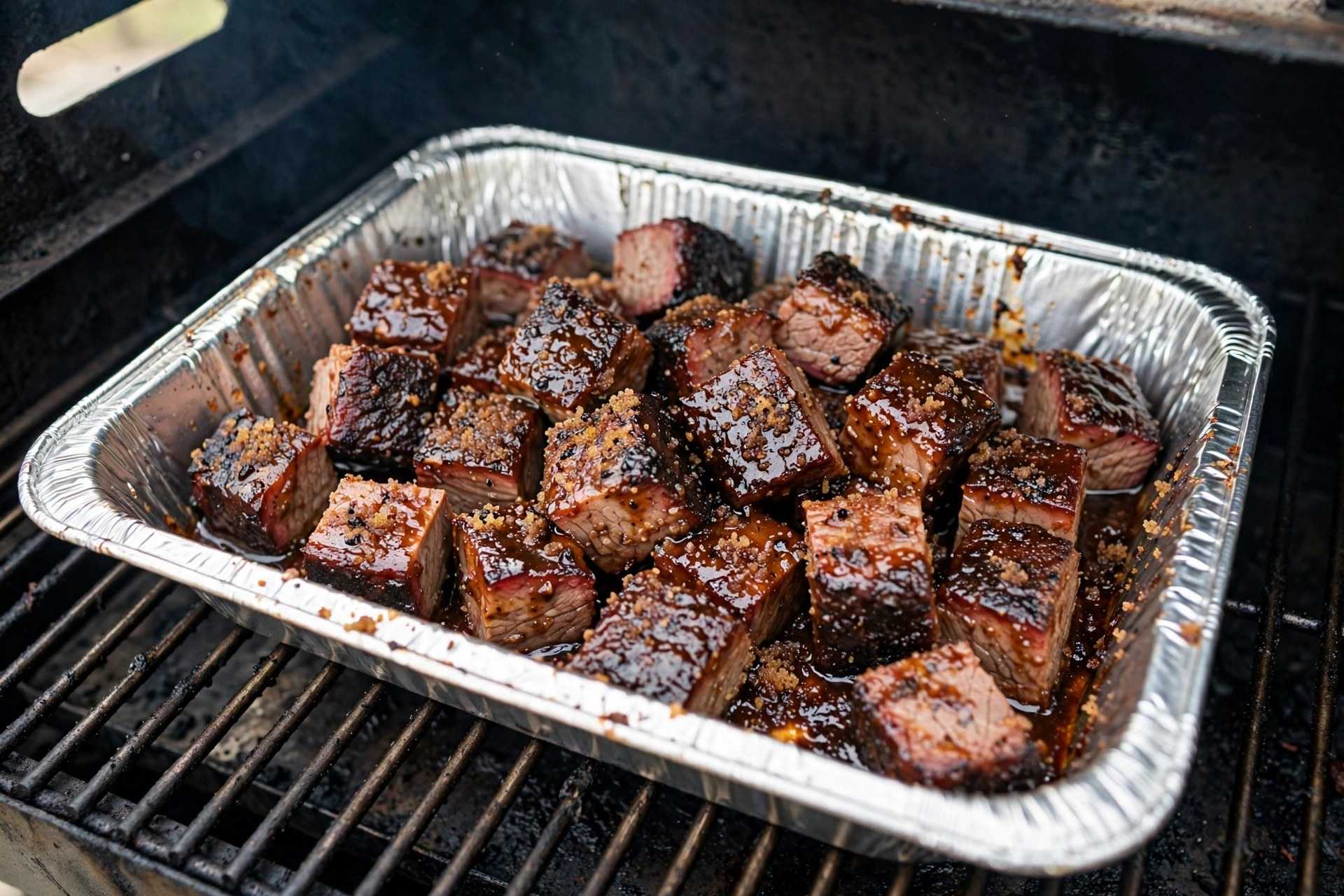 Cubed brisket point tossed in barbecue sauce and brown sugar in a foil pan on the smoker