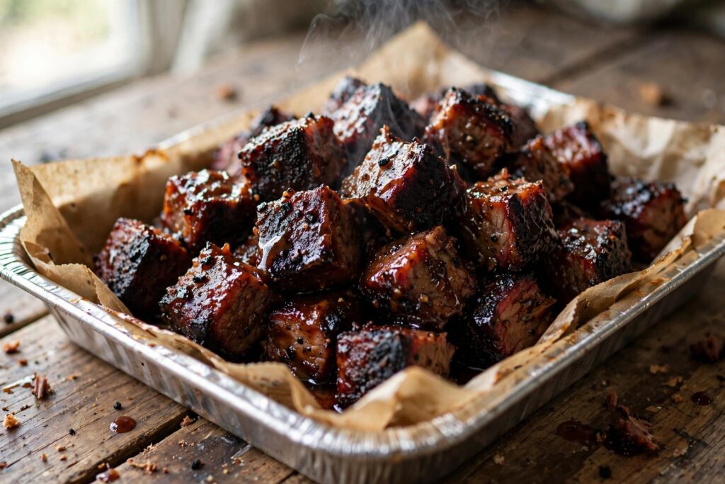 Tray of finished BBQ burnt ends — caramelized smoked brisket point cubes glazed in barbecue sauce