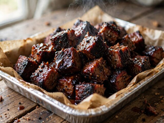 Tray of finished BBQ burnt ends — caramelized smoked brisket point cubes glazed in barbecue sauce