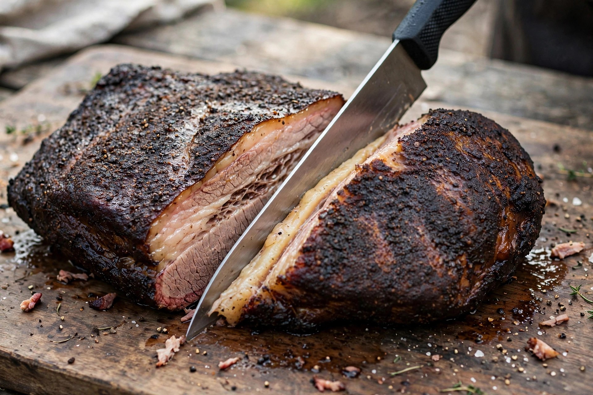 Separating the smoked brisket point from the flat along the fat seam with a long knife