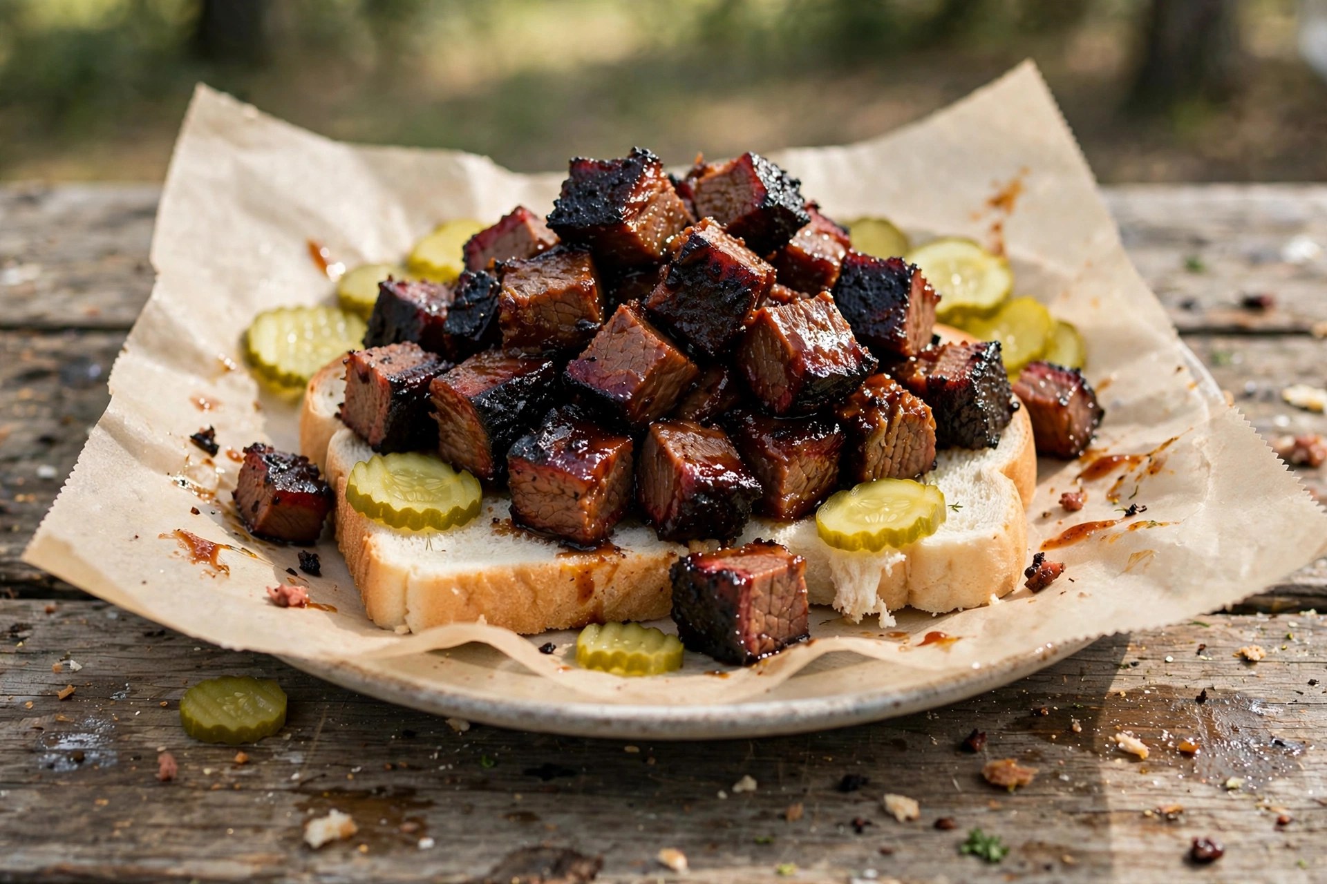 Burnt ends served Kansas City style on white bread with pickle chips