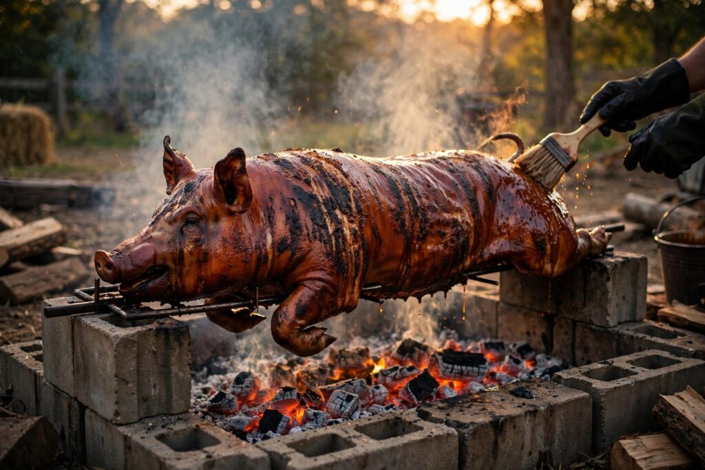 Whole hog roasting on a Carolina cinder-block pit over glowing coals