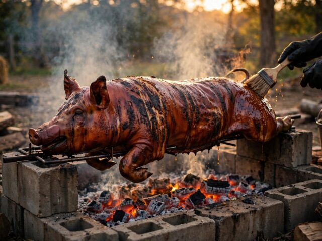 Whole hog roasting on a Carolina cinder-block pit over glowing coals