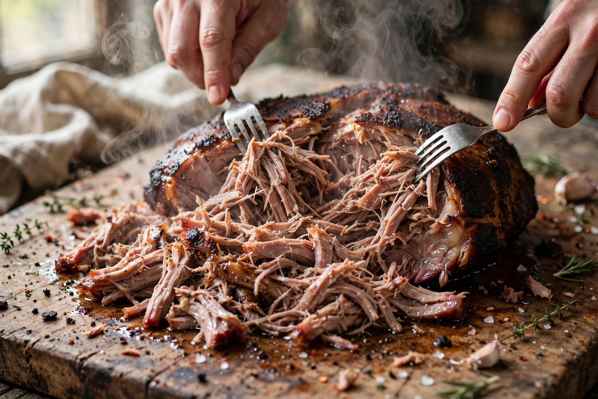 Smoked pork shoulder being pulled apart with forks