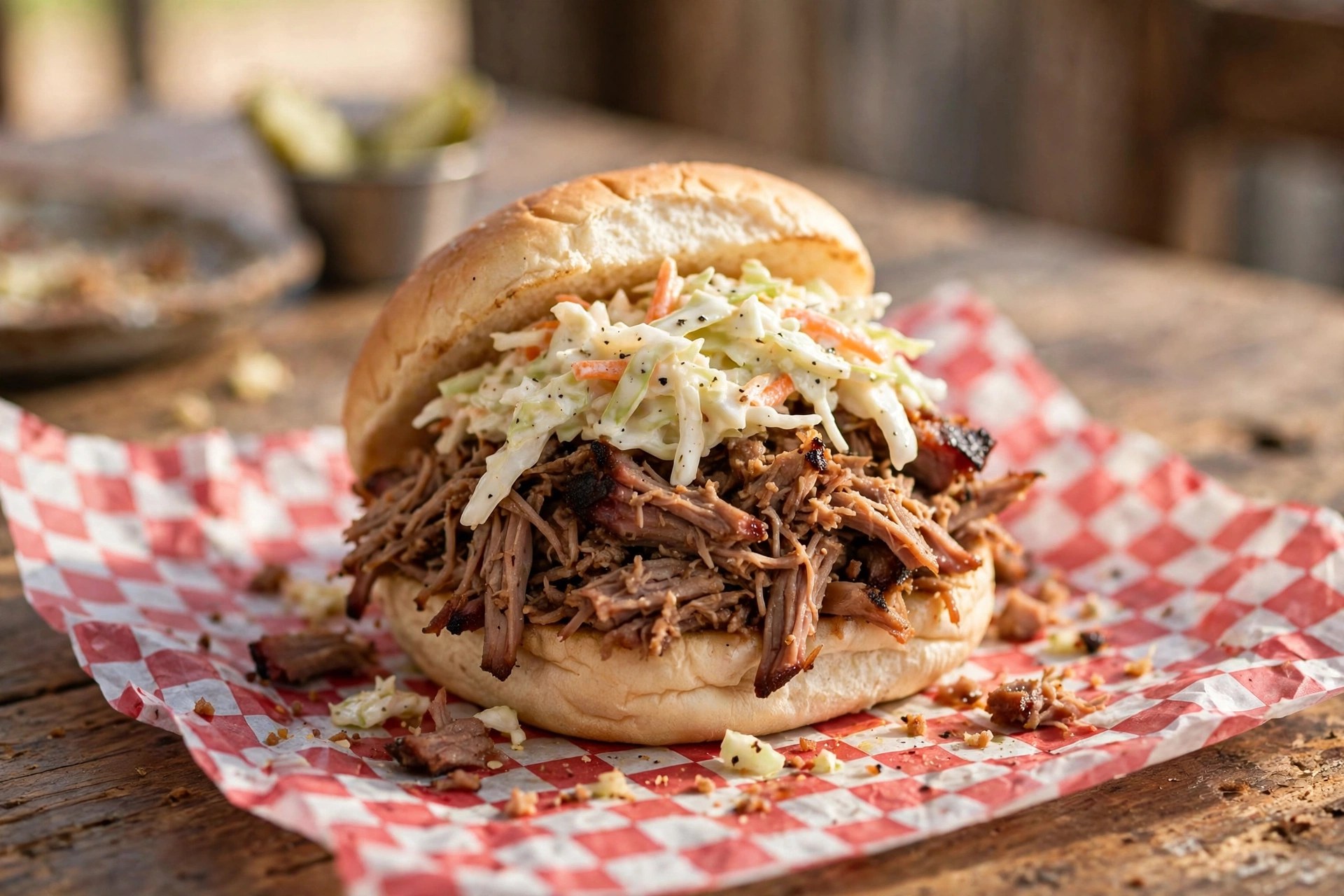 Carolina pulled pork sandwich with coleslaw on a soft bun