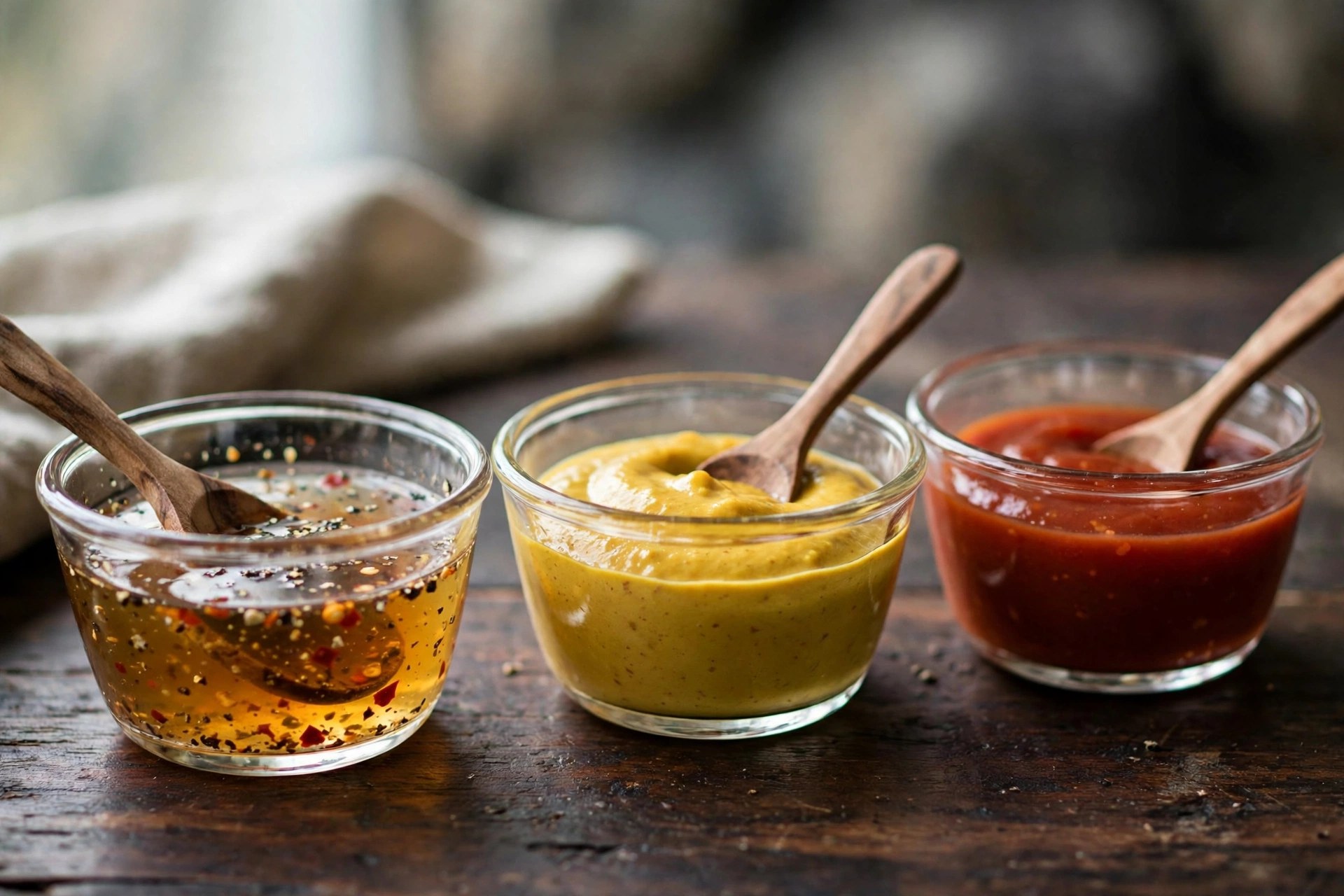 The three Carolina barbecue sauces: vinegar-pepper, Carolina Gold mustard, and Lexington dip