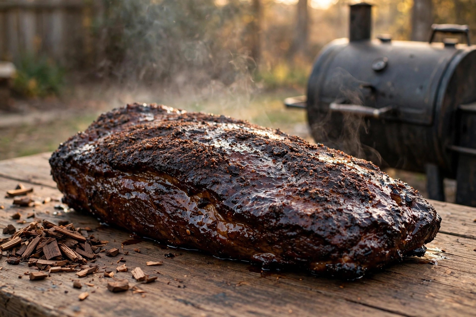 A whole smoked brisket with dark bark resting on a wooden table beside a smoker