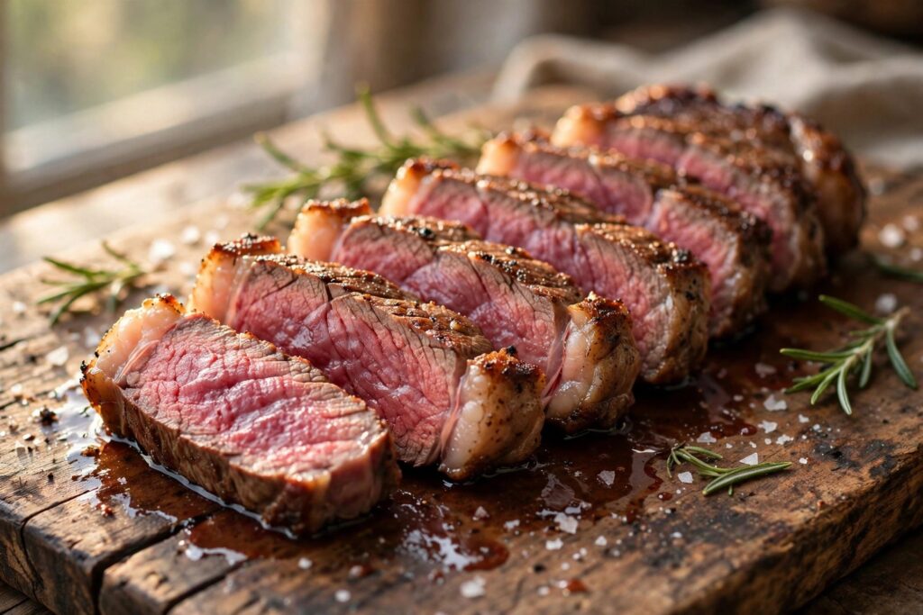 Sliced medium-rare ribeye steak resting on a wooden cutting board with rosemary and sea salt