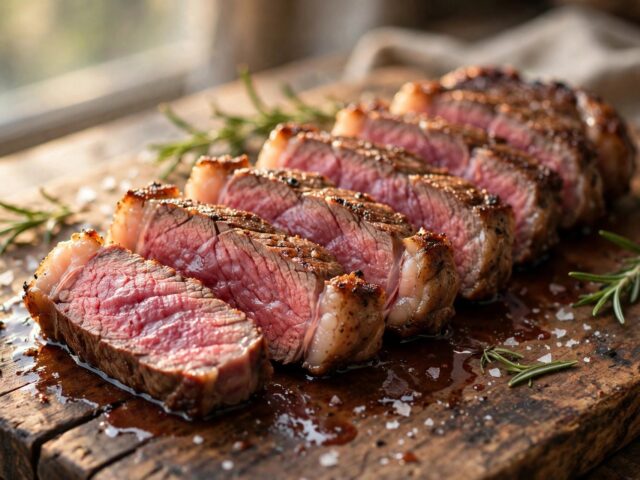 Sliced medium-rare ribeye steak resting on a wooden cutting board with rosemary and sea salt