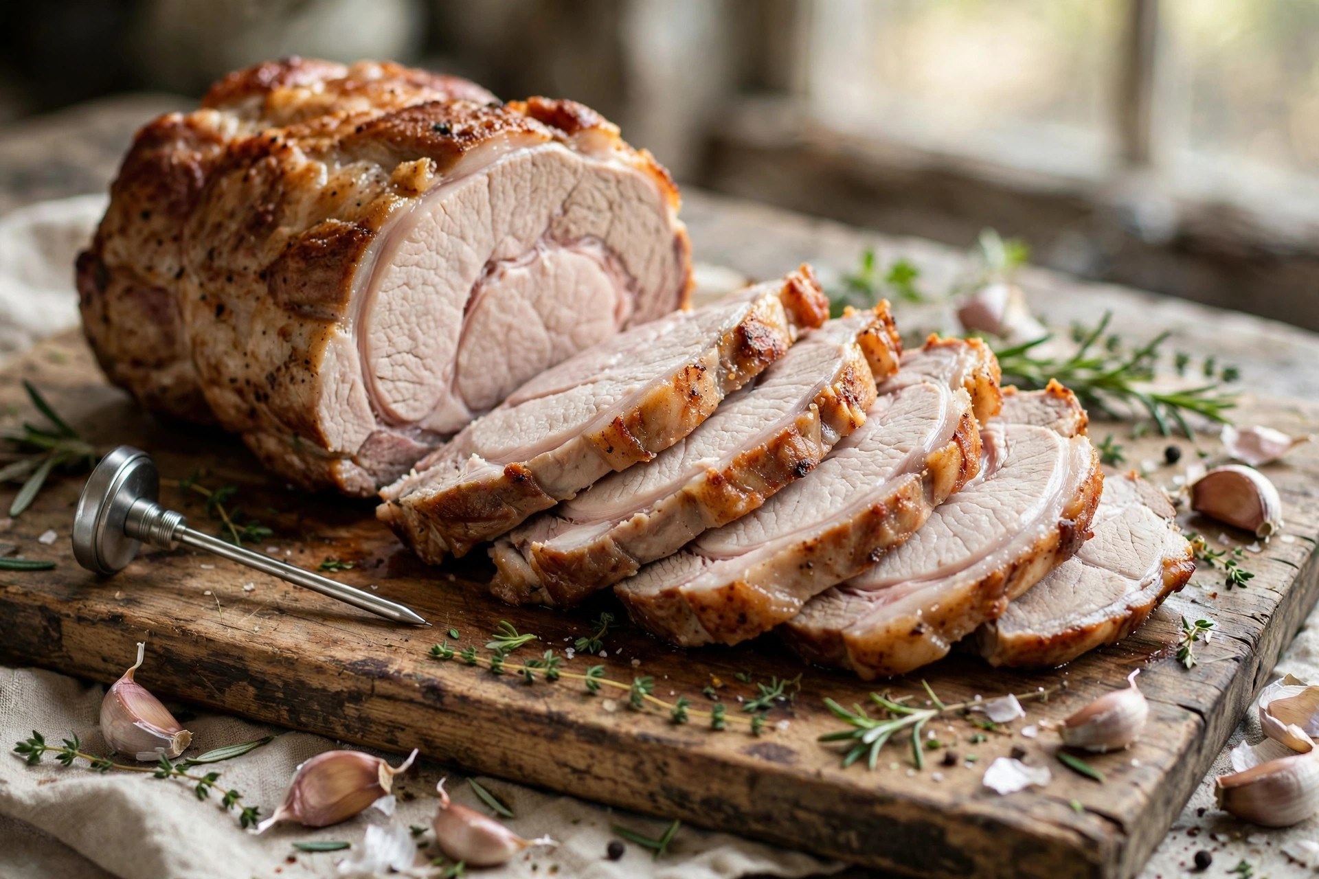 A sliced roasted pork loin on a cutting board with an instant-read thermometer beside it