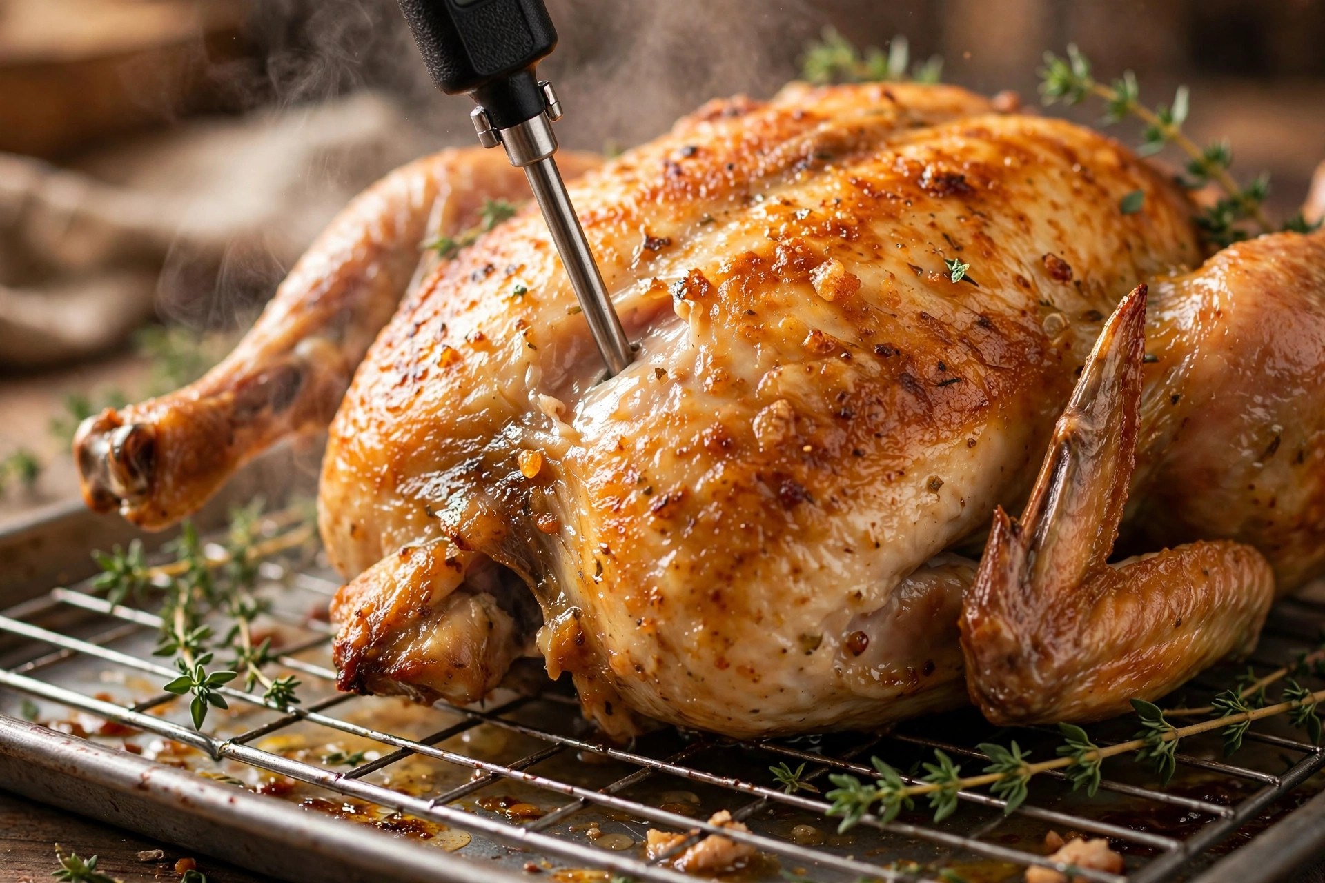 An instant-read thermometer inserted into a golden roasted chicken resting on a wire rack