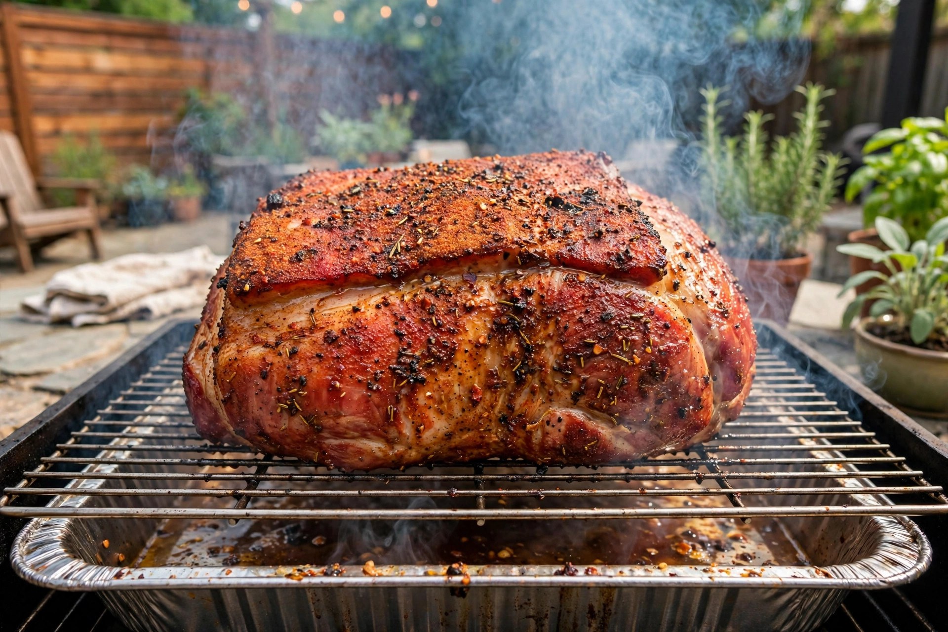 Pork shoulder with golden-reddish bark cooking on a smoker grate with light smoke