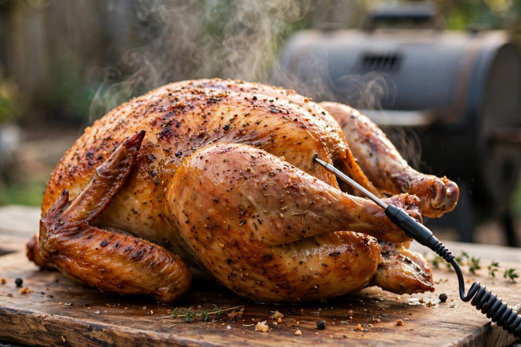 Whole smoked chicken with golden skin and a thermometer probe in the thigh