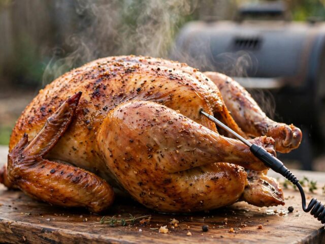 Whole smoked chicken with golden skin and a thermometer probe in the thigh
