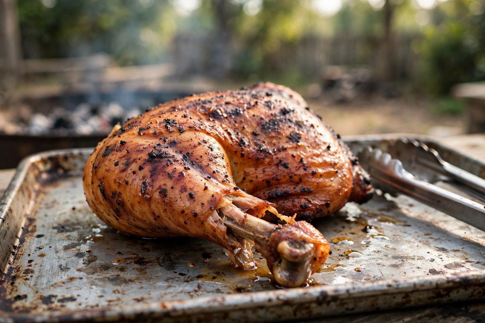 Smoked chicken leg quarter with meat pulling back from the bone