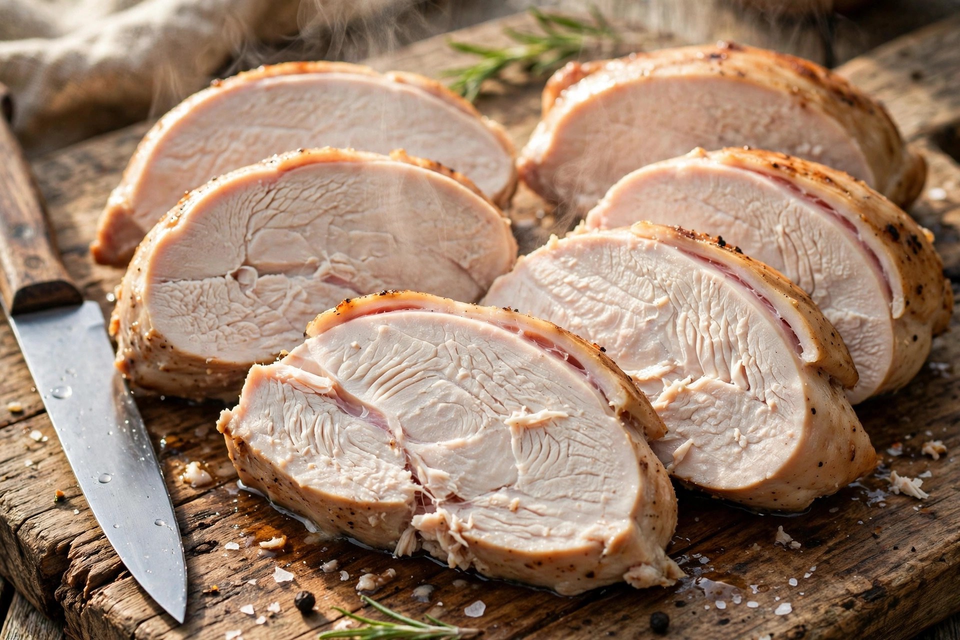 Sliced smoked chicken breast showing juicy opaque meat with a faint smoke ring