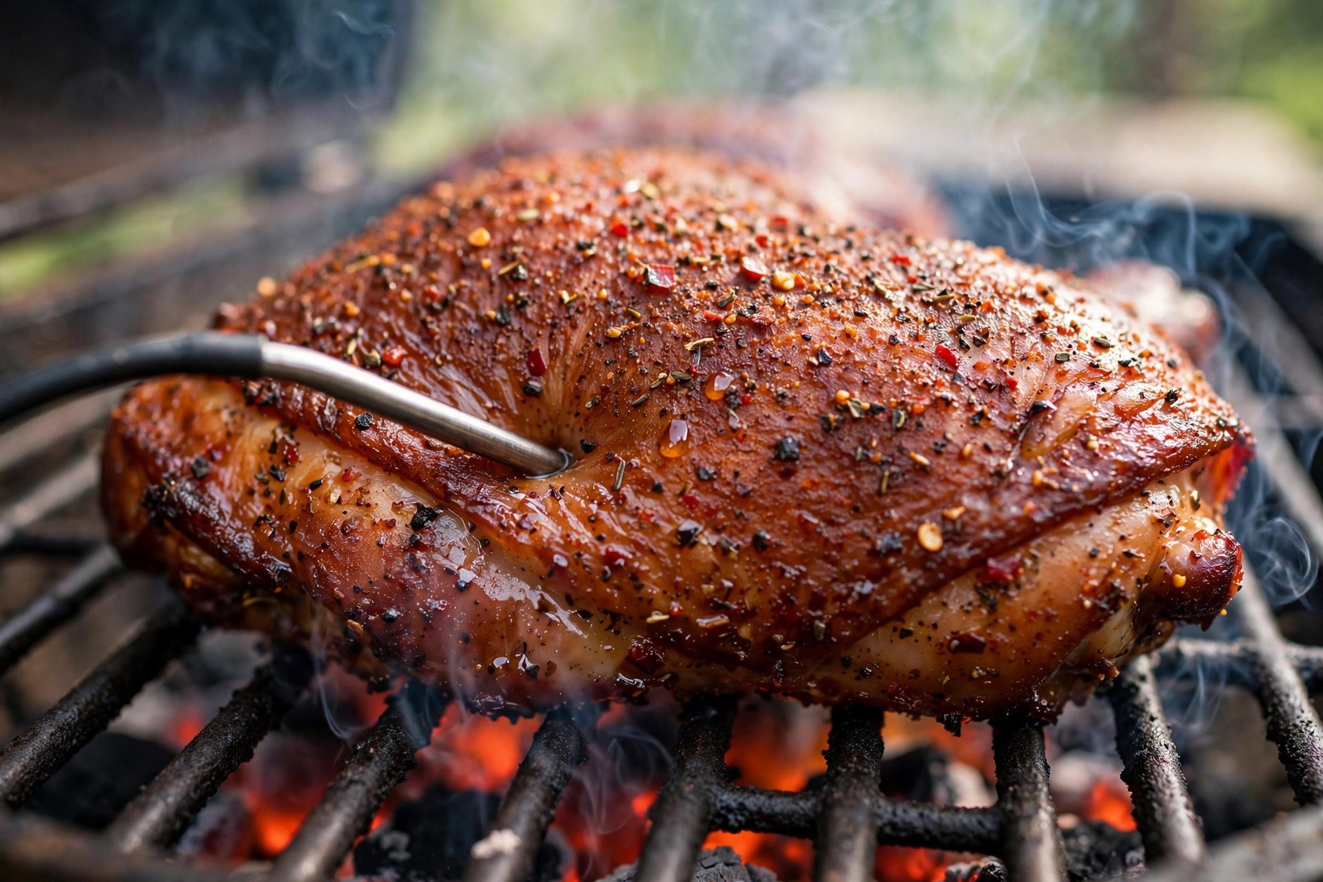Thermometer probe inserted into a smoked chicken thigh on the smoker grates