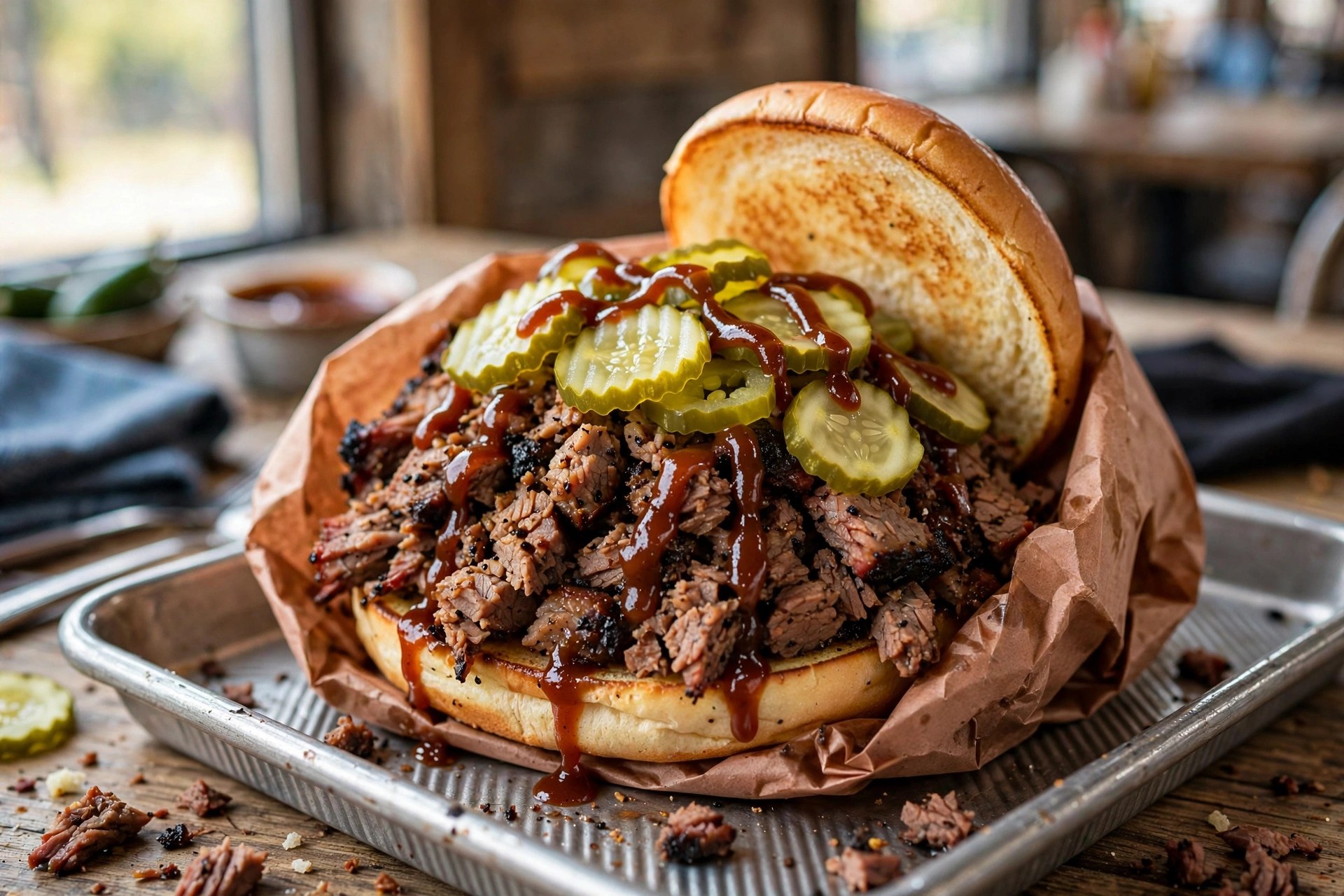 Chopped brisket sandwich with pickles and barbecue sauce on a toasted bun