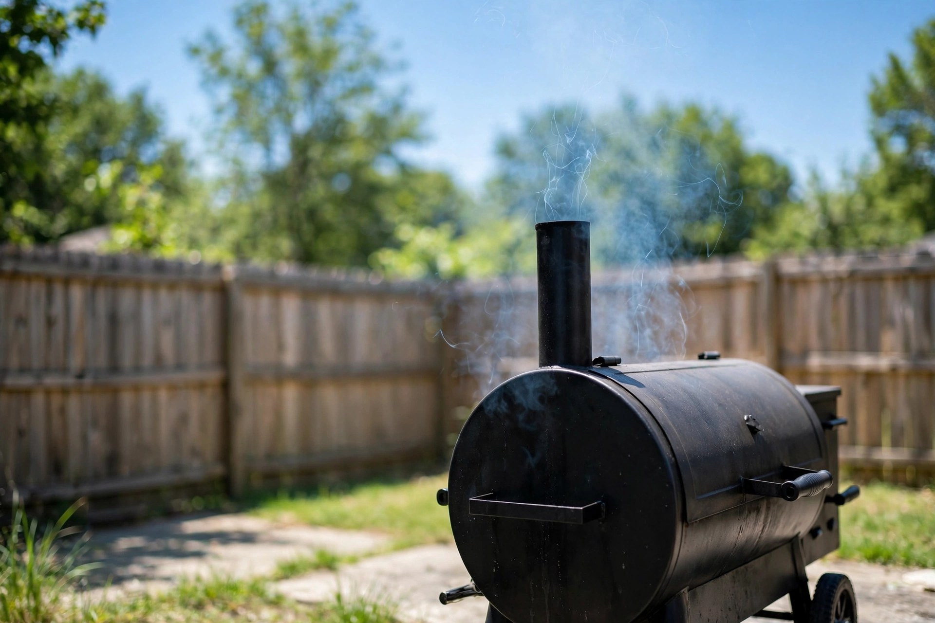 Smoker chimney releasing only faint wisps of pale blue smoke into a clear sky