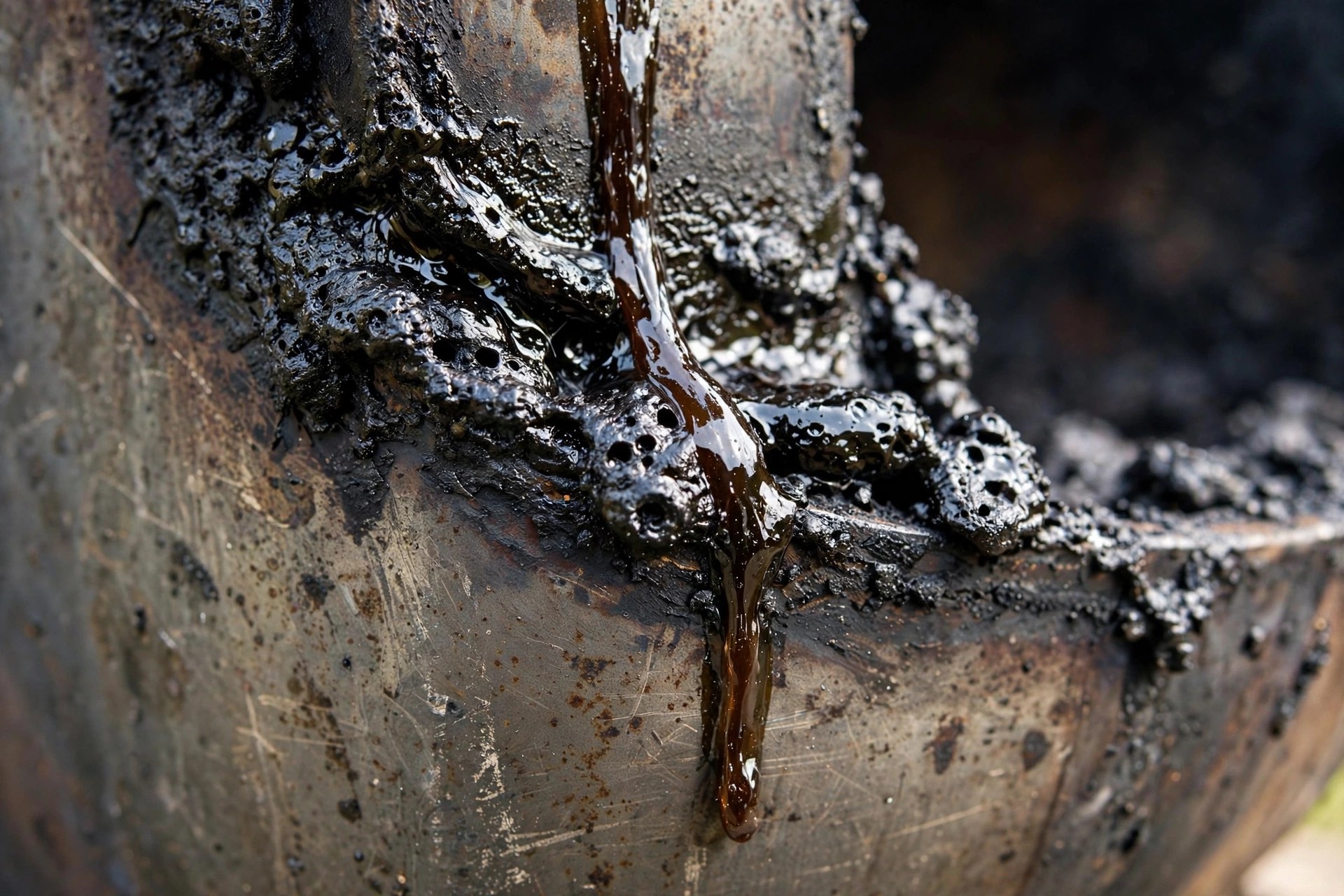 Close-up of glossy black creosote tar buildup with a sticky drip running down a smoker wall