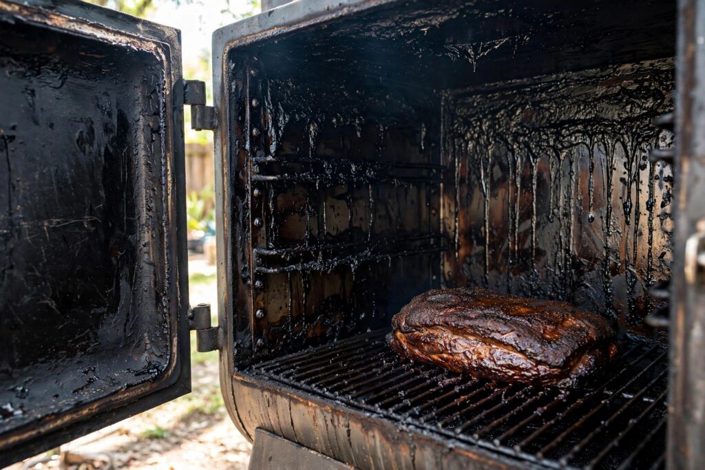 Open smoker with black tar-like creosote coating the interior walls and a brisket on the grate