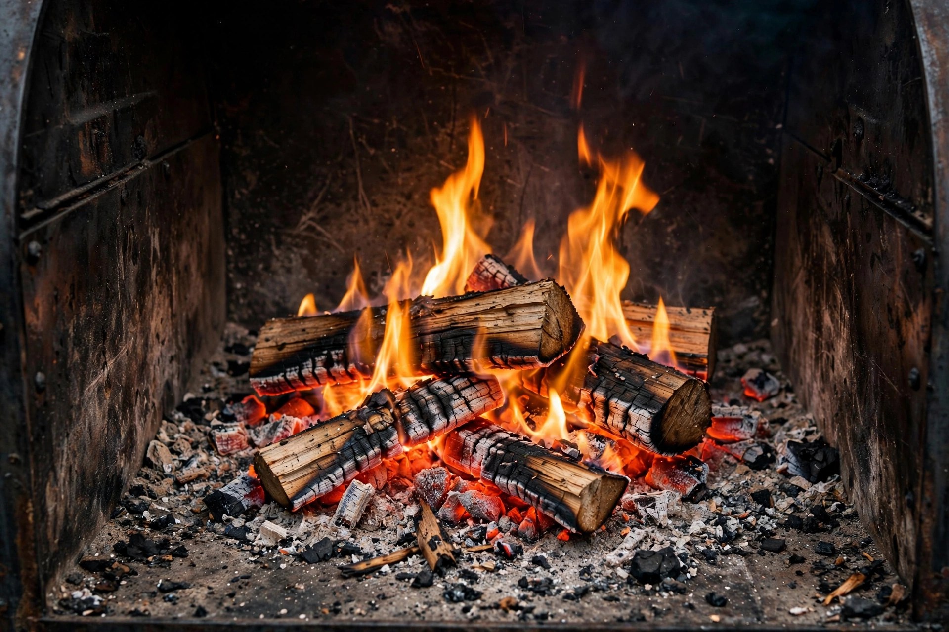 Inside a smoker firebox showing a small clean-burning fire of split logs over glowing red coals