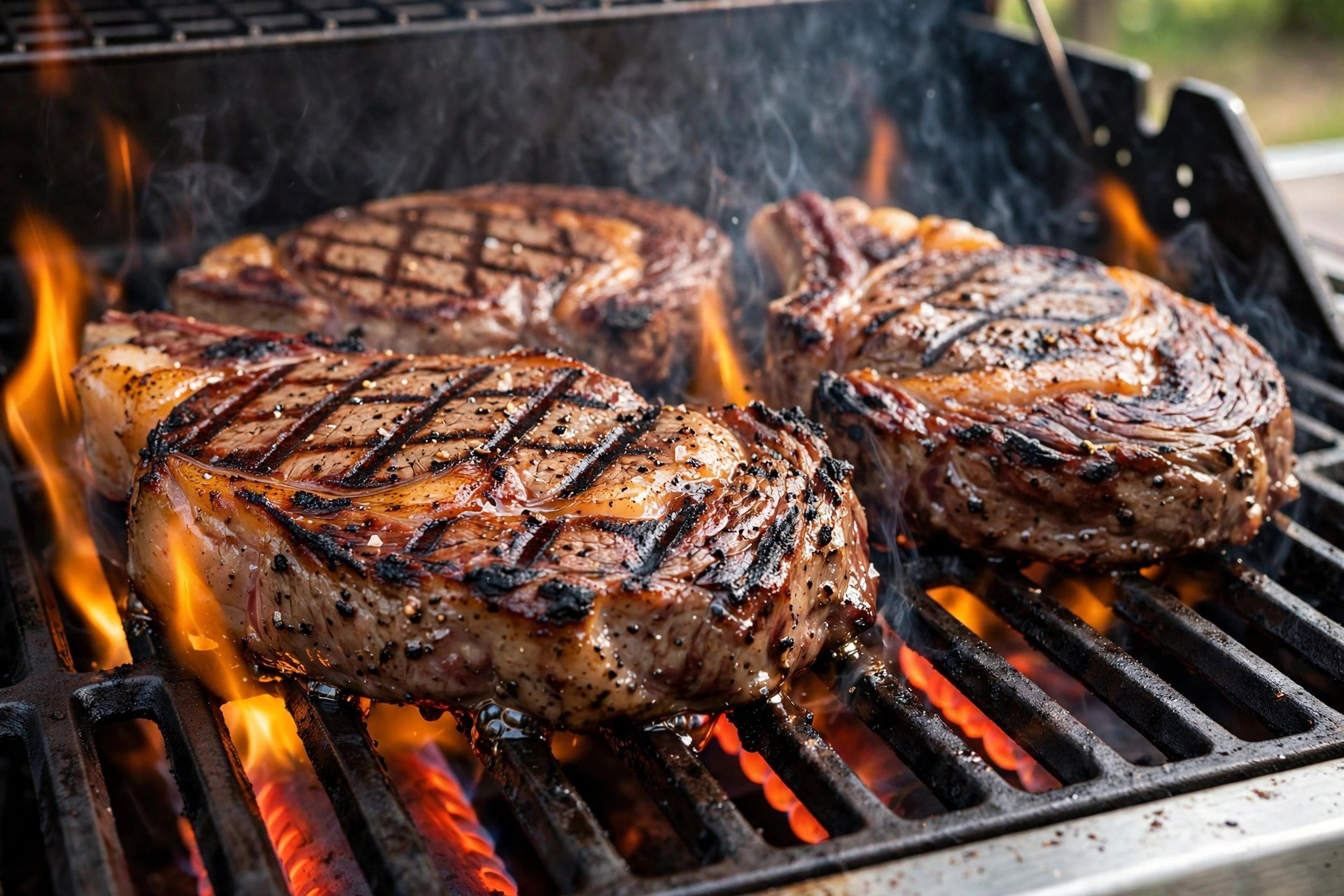 Steaks searing over direct heat on a gas grill with deep crosshatch grill marks