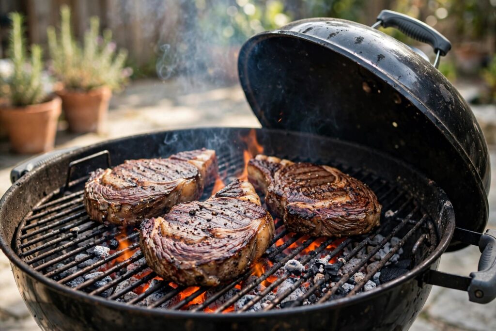 Charcoal kettle grill with thick steaks searing over glowing coals, lid open, smoke rising in a sunny backyard