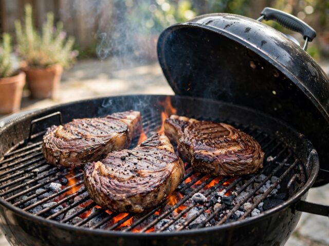 Charcoal kettle grill with thick steaks searing over glowing coals, lid open, smoke rising in a sunny backyard