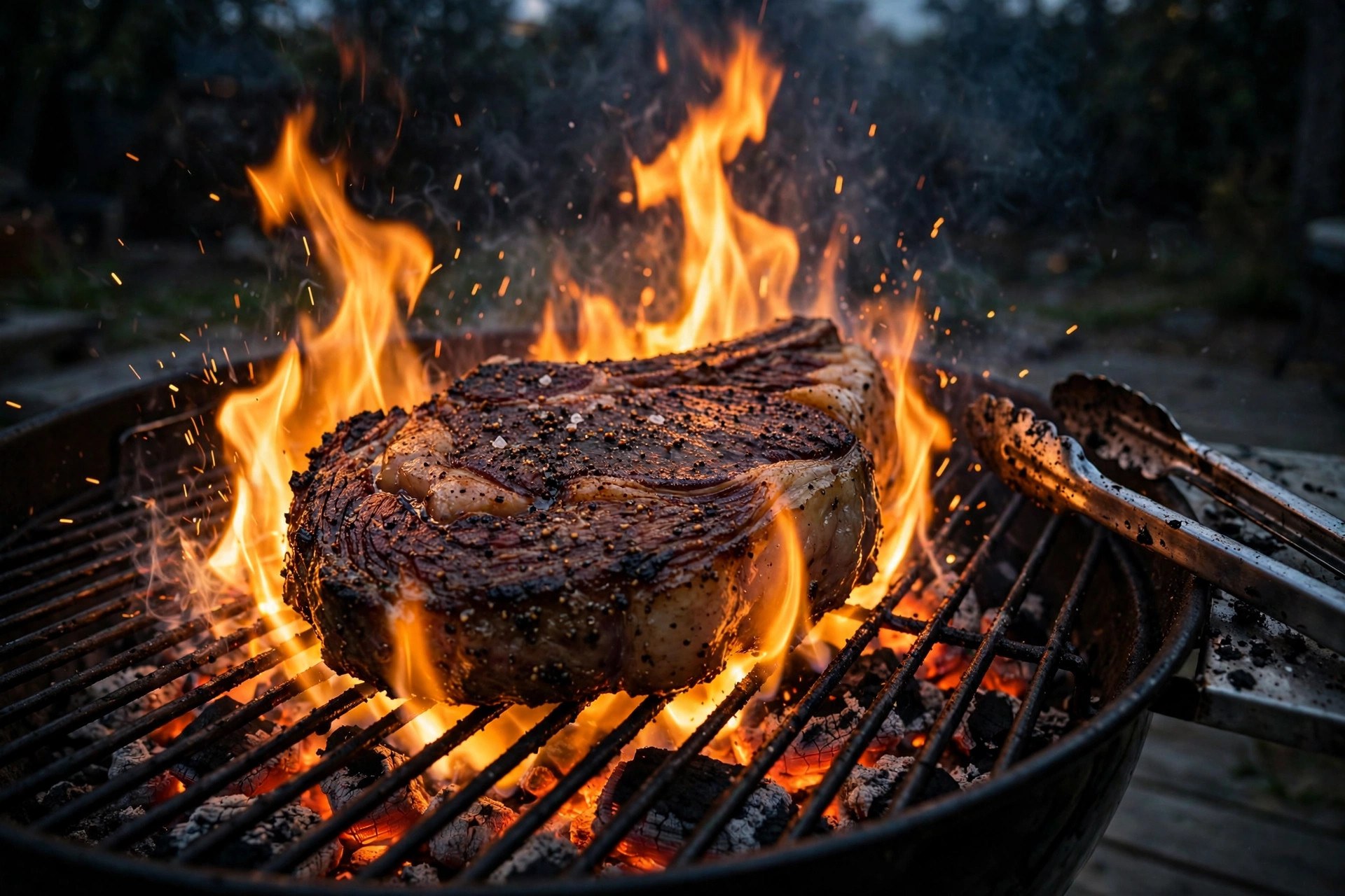 Thick ribeye steak searing over open flames during a reverse sear finish