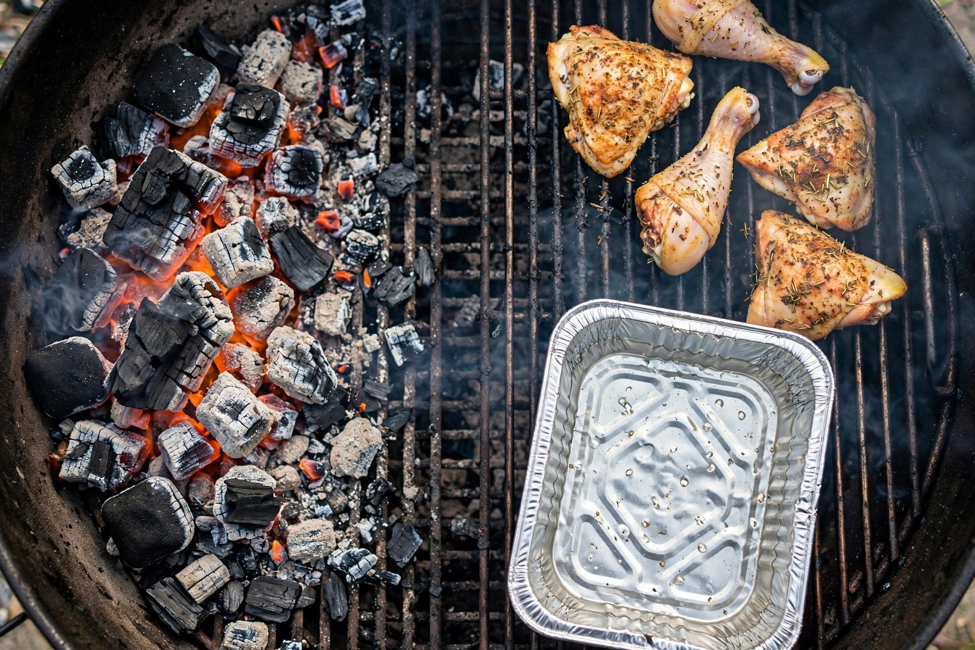 Overhead view of a charcoal kettle grill with a two-zone fire, coals banked on one side and chicken on the cool side