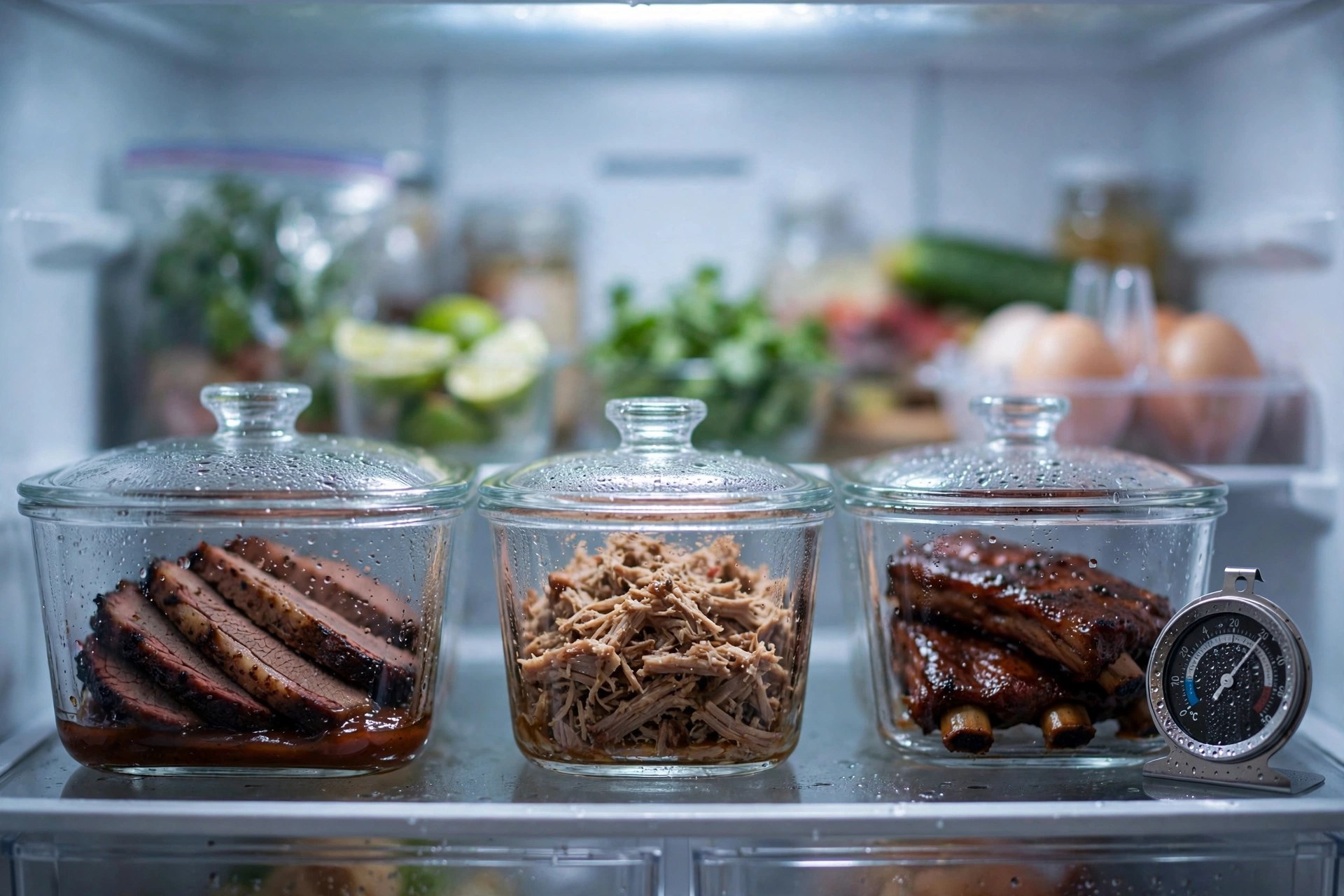 Refrigerator shelf with dated glass containers of BBQ leftovers stored at safe temperature