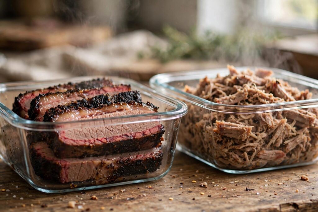 Glass containers of sliced smoked brisket and pulled pork packed for the fridge after a smoke