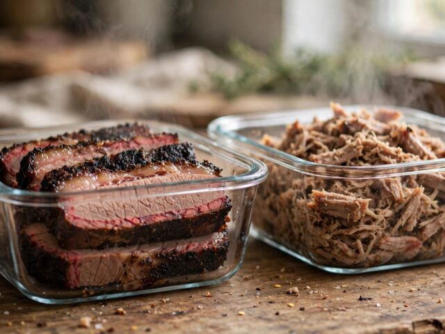 Glass containers of sliced smoked brisket and pulled pork packed for the fridge after a smoke