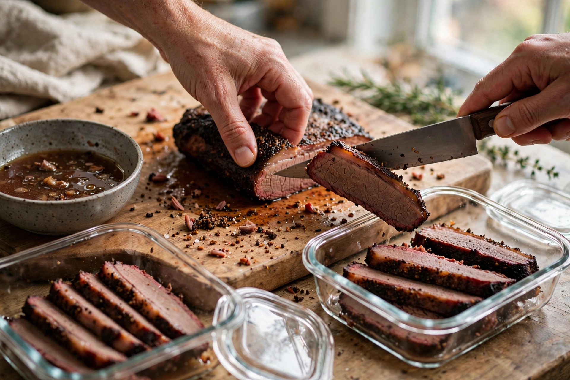 Glass containers of sliced brisket and pulled pork being packed for the fridge after a smoke