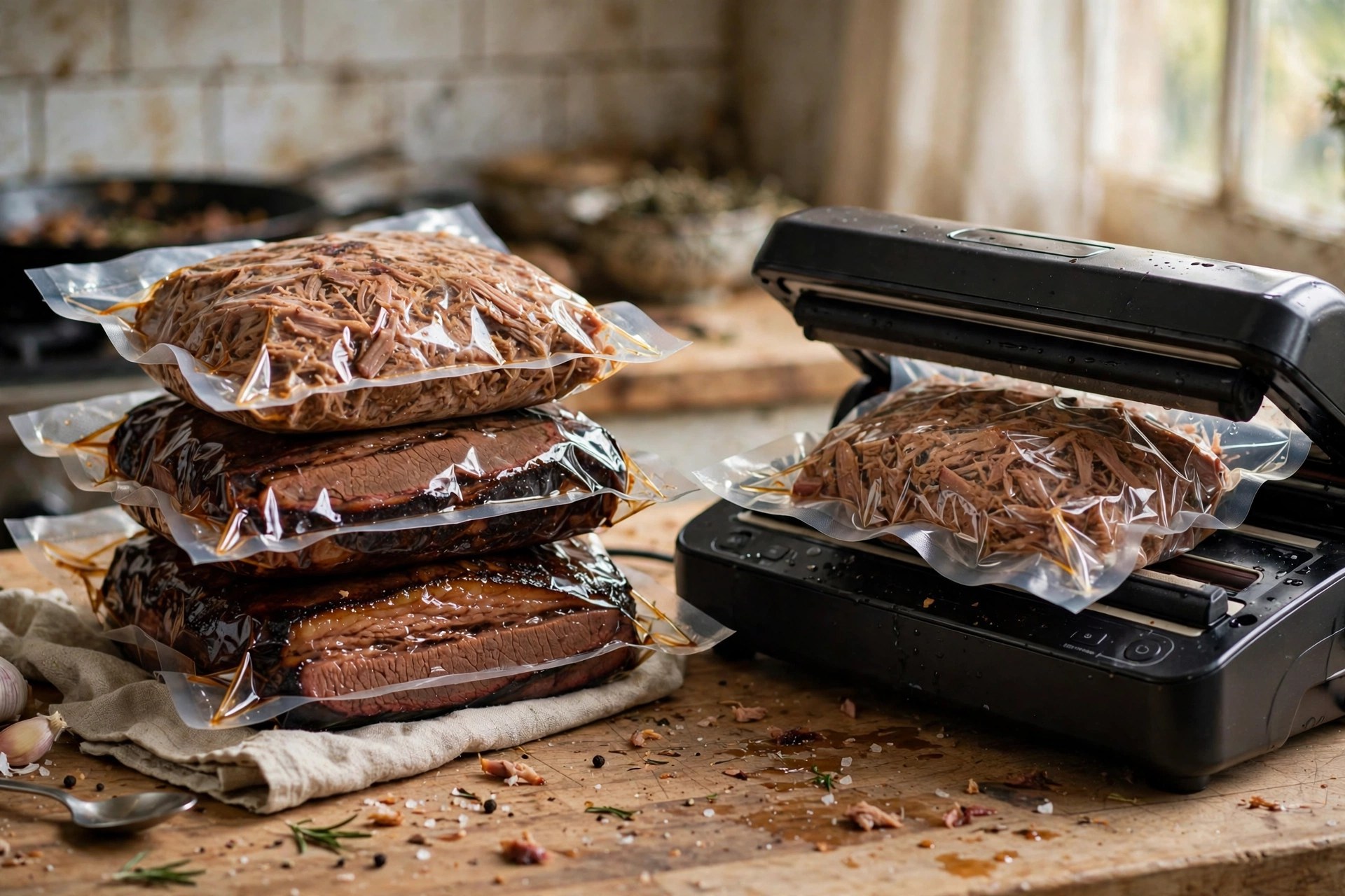 Vacuum-sealed bags of smoked brisket and pulled pork ready for fridge and freezer storage