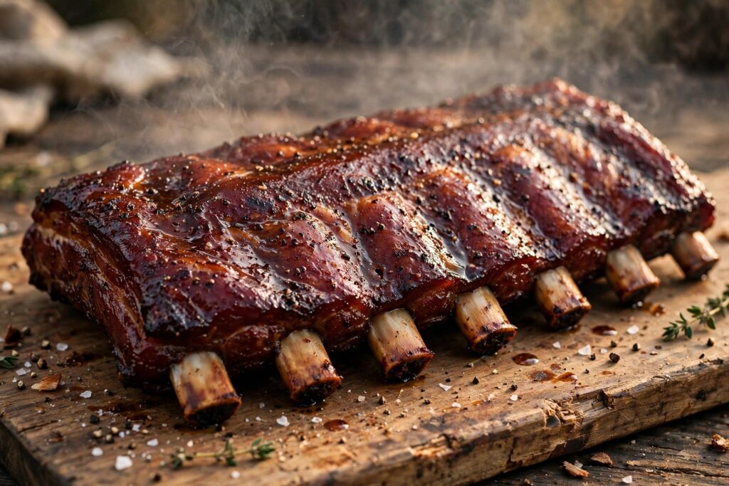 Full rack of smoked pork spare ribs with visible bone ends on a wooden cutting board