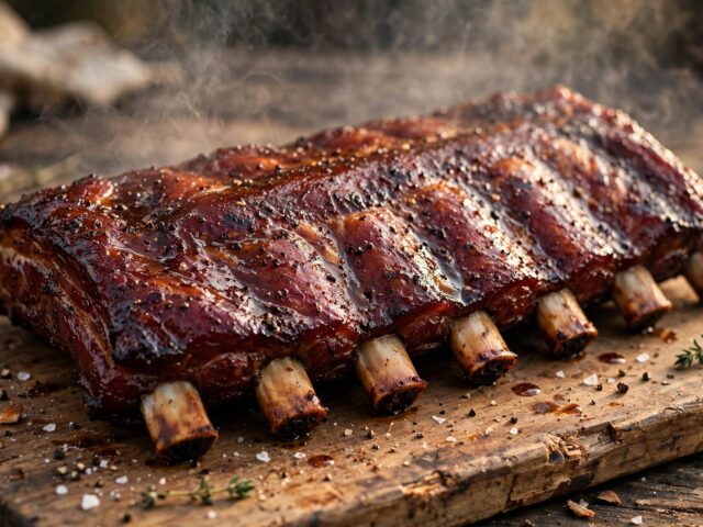 Full rack of smoked pork spare ribs with visible bone ends on a wooden cutting board