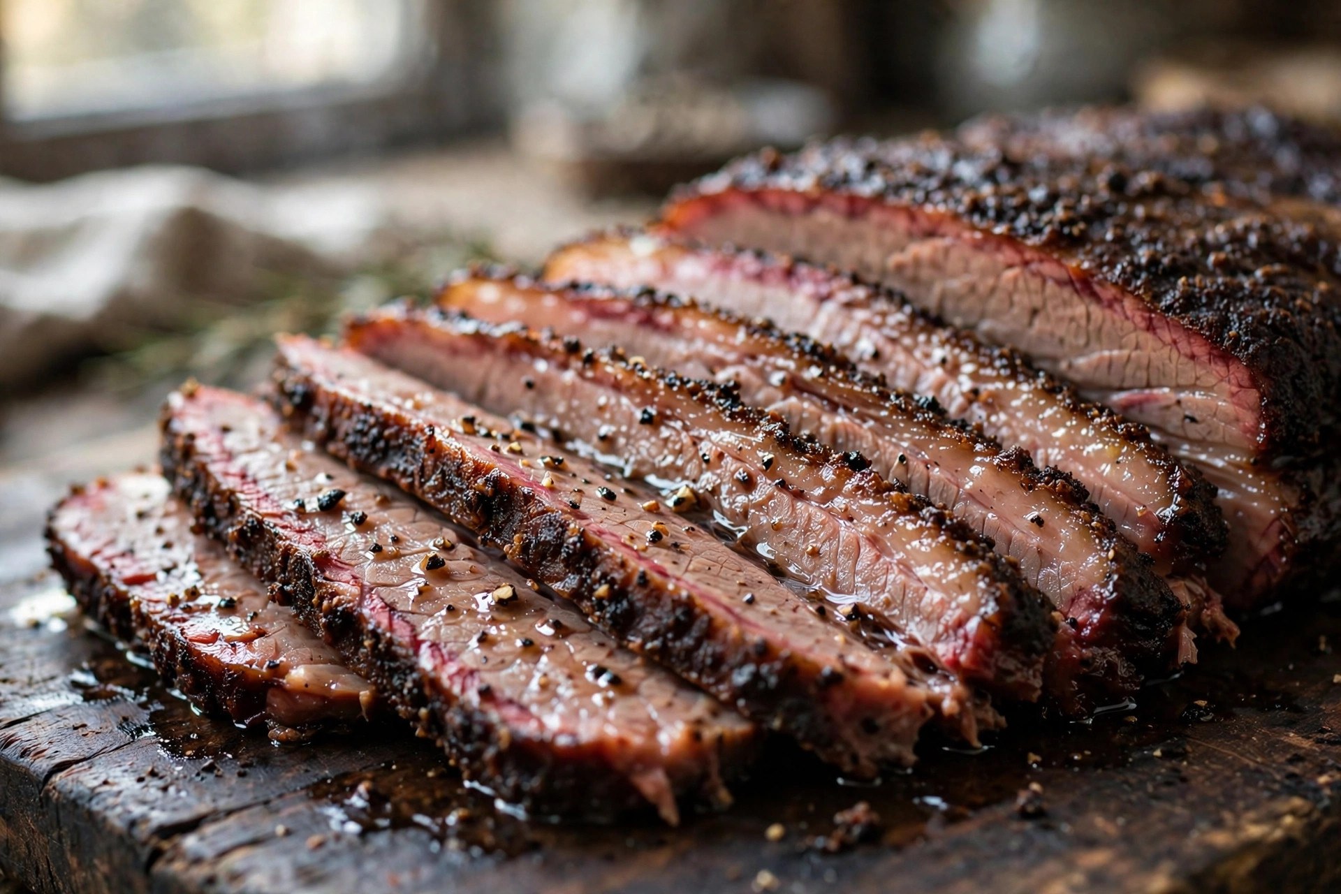 Sliced smoked brisket with dark mahogany bark and a thin pink smoke ring on a cutting board