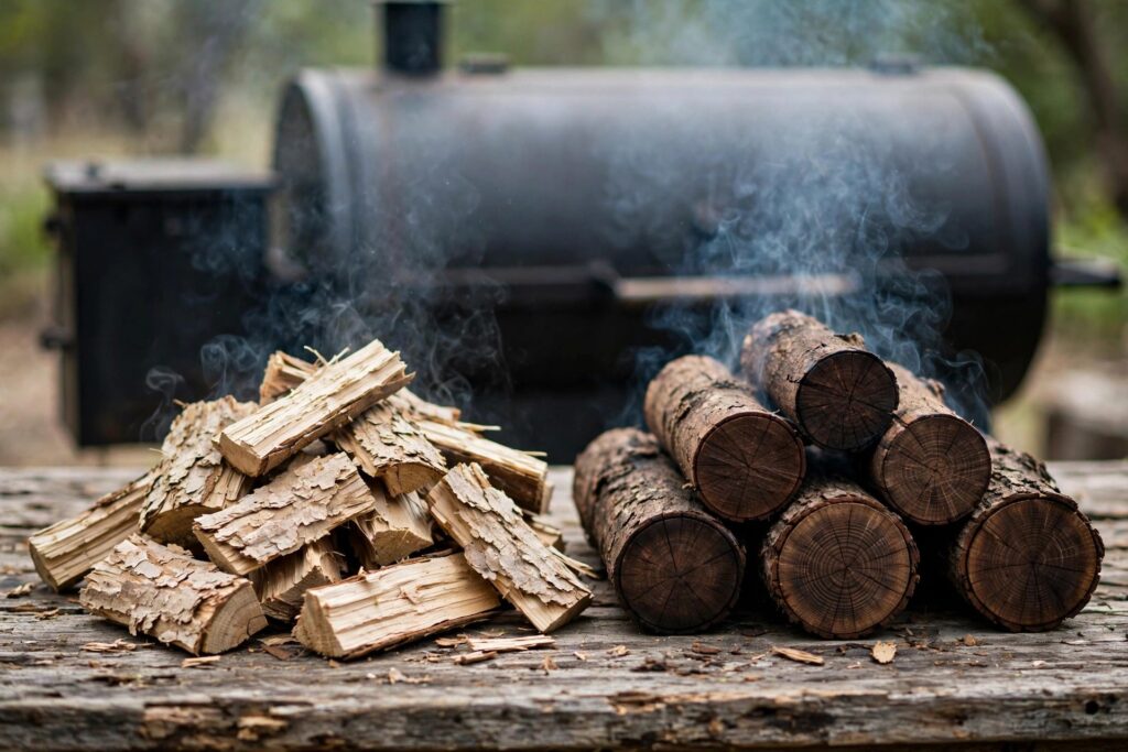 Hickory chunks and mesquite logs side by side on a wooden table in front of an offset smoker