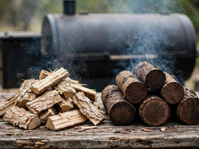 Hickory chunks and mesquite logs side by side on a wooden table in front of an offset smoker