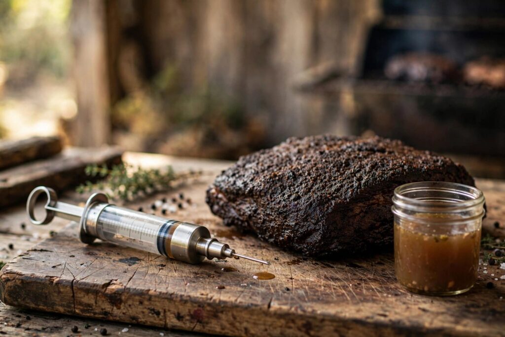 Stainless steel meat injector beside a smoked brisket and a jar of beef broth marinade on a cutting board