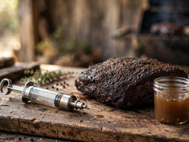 Stainless steel meat injector beside a smoked brisket and a jar of beef broth marinade on a cutting board