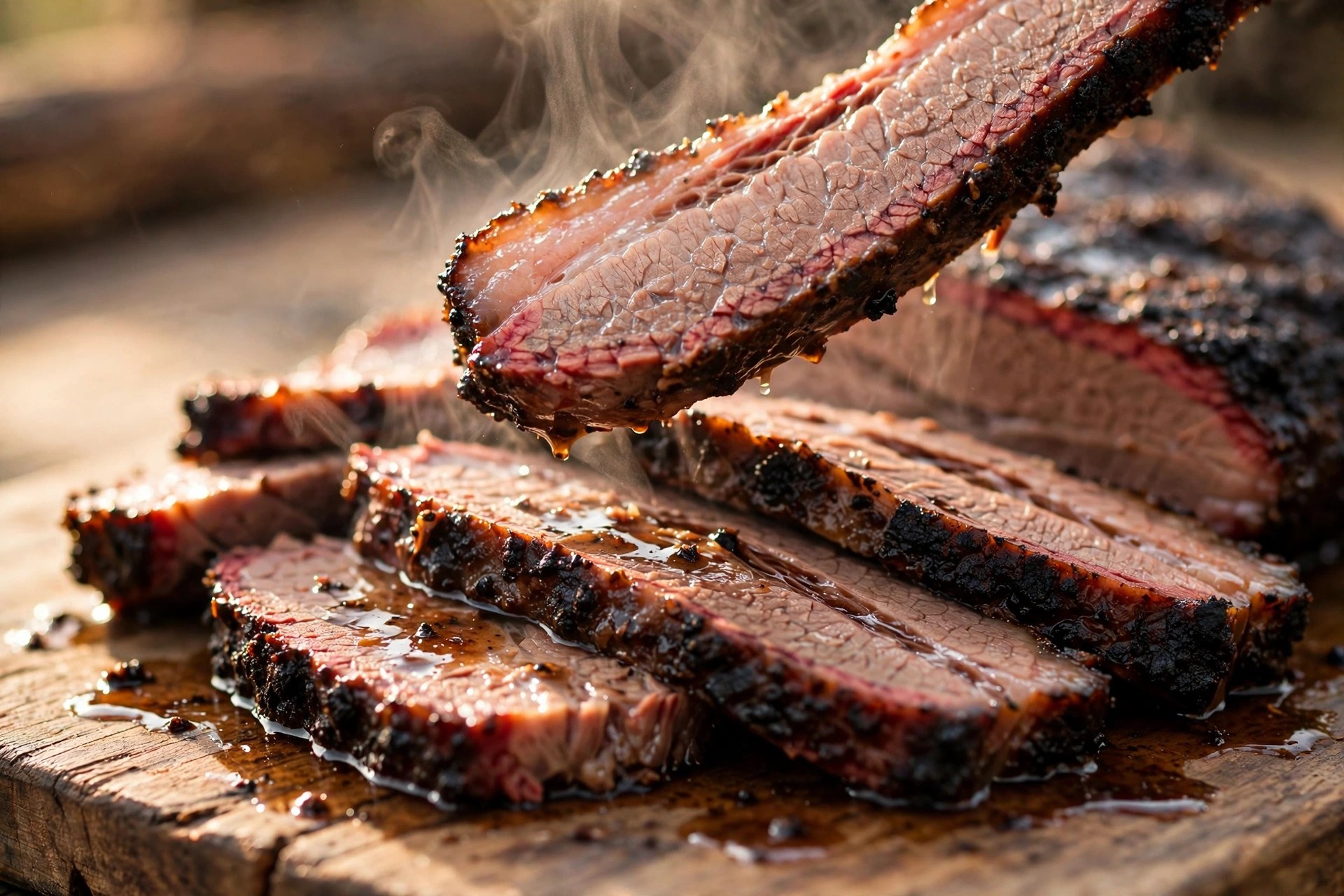Freshly sliced smoked brisket with glistening juices pooling on the cut surfaces