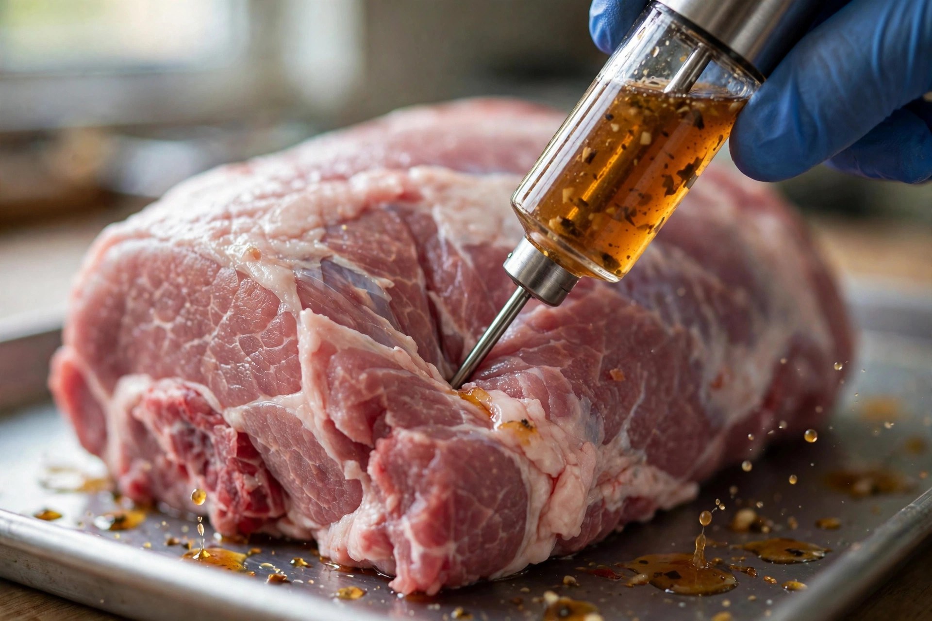 Close-up of a stainless steel injector needle inserted into raw pork shoulder with marinade in the barrel