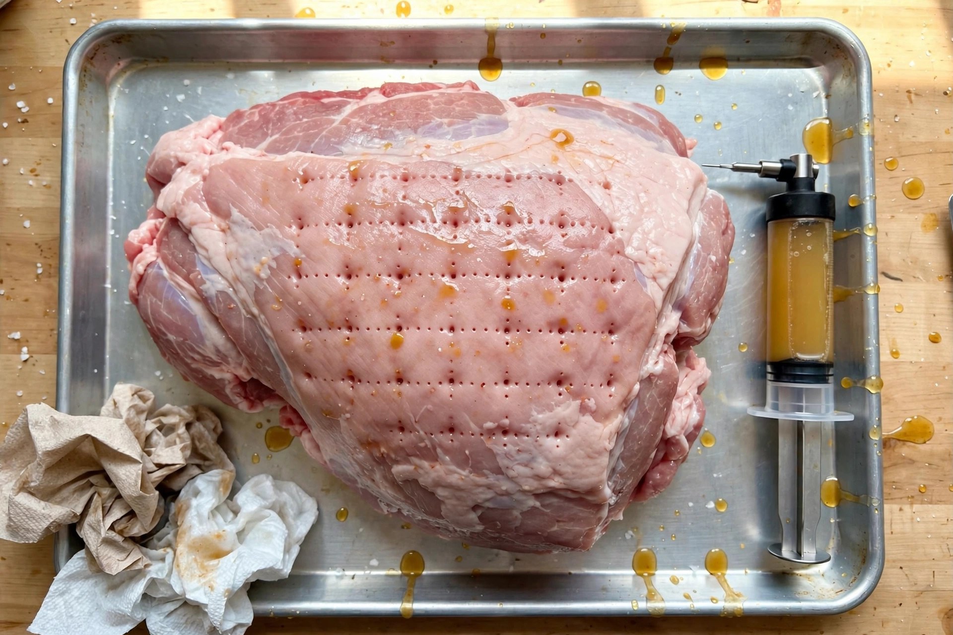 Overhead view of a raw pork butt on a sheet tray with injection points in a grid pattern and a filled injector beside it