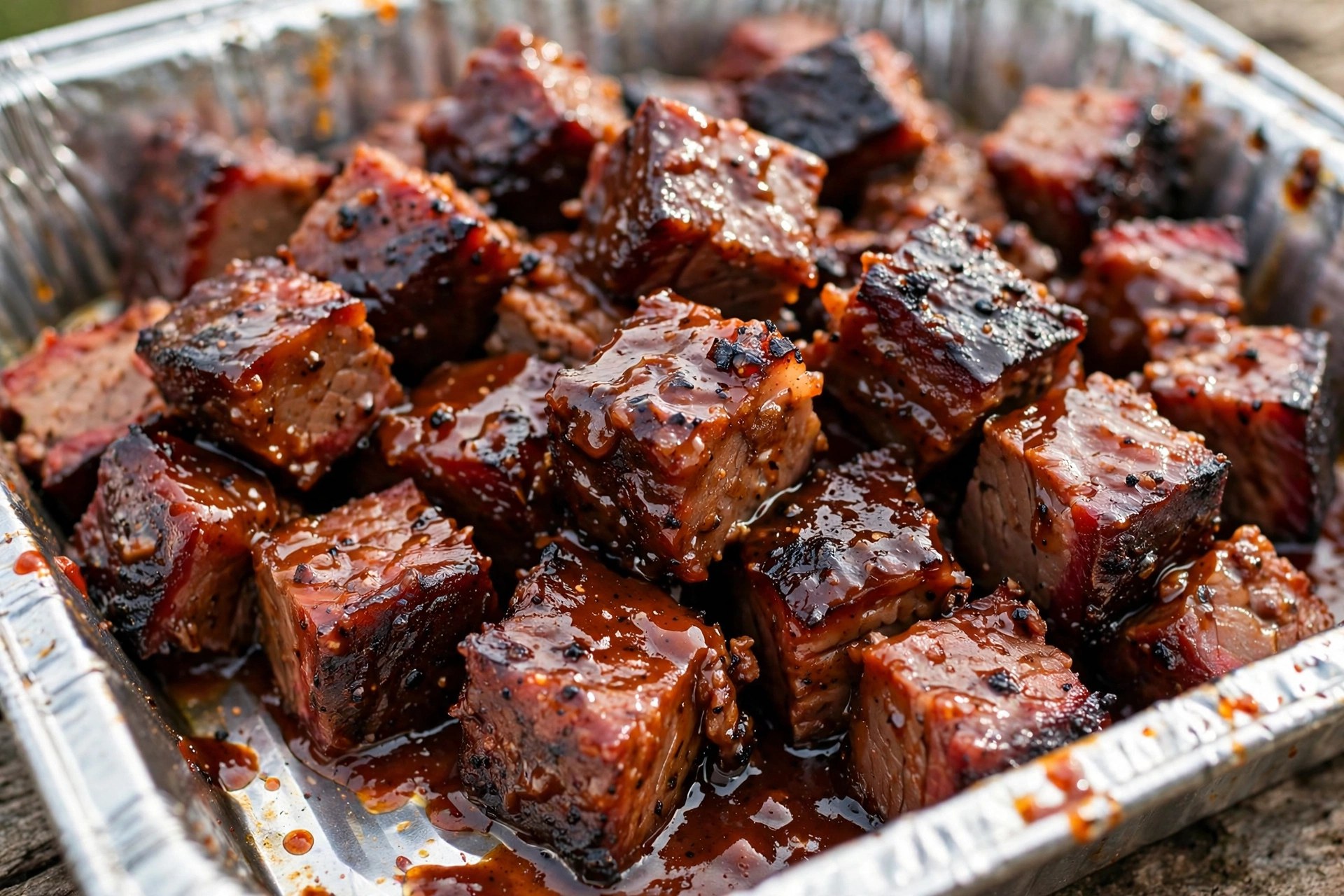 Caramelized Kansas City burnt ends glistening with thick sweet BBQ sauce in a metal tray