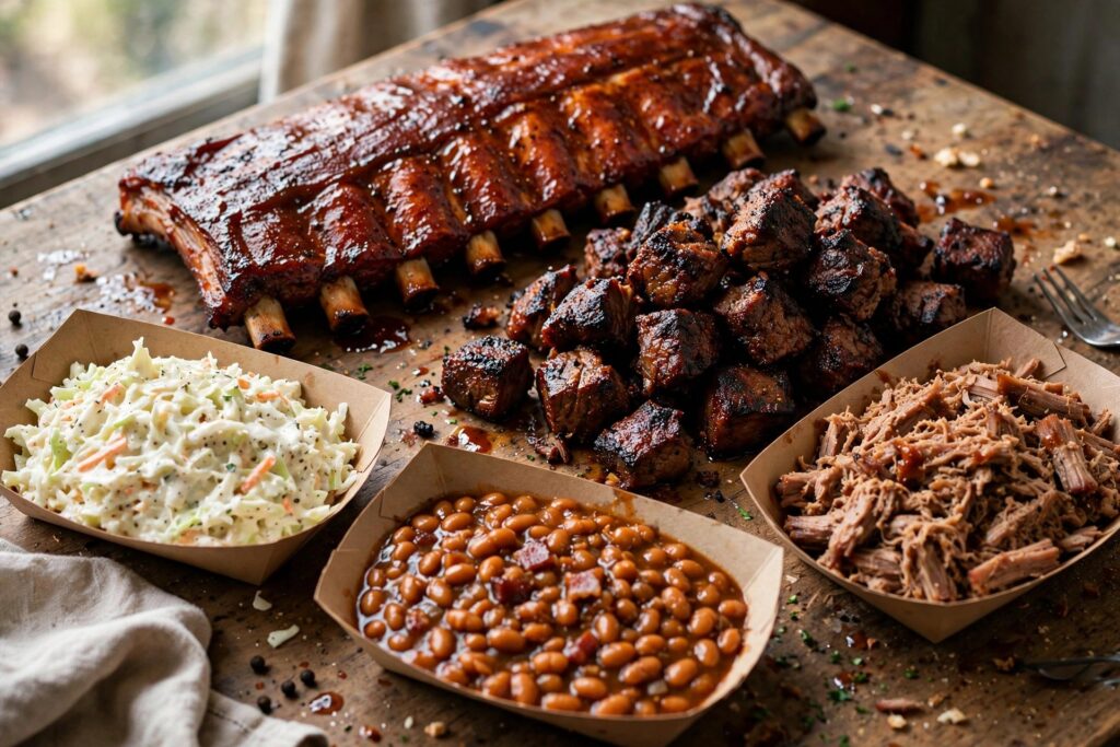 Kansas City style BBQ spread with sauced ribs, burnt ends, pulled pork, baked beans and coleslaw