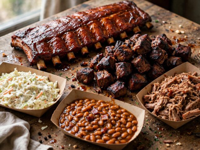Kansas City style BBQ spread with sauced ribs, burnt ends, pulled pork, baked beans and coleslaw