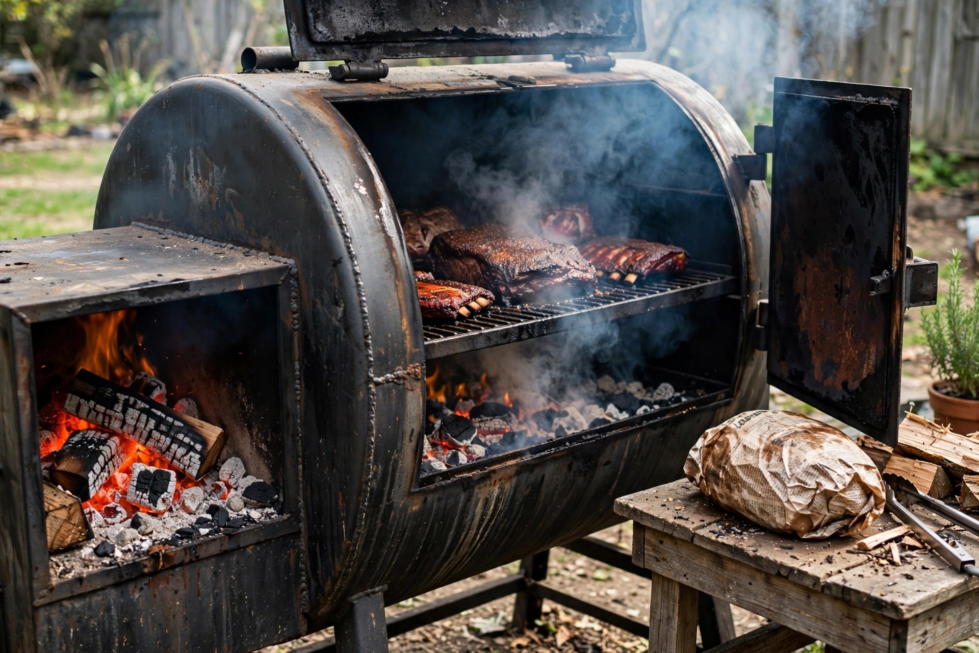 Offset smoker with glowing hickory coals smoking brisket and ribs in a backyard